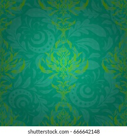 Glitter seamless pattern. Vector luxury sketch with green elements.