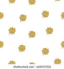 Glitter seamless plants pattern. Golden clover with 4 leaves isolated on white background. Symbol of good luck, success, money, St. Patrick's Day. Vector illustration for a traditional Irish holiday