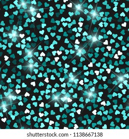 Glitter seamless texture. Actual emerald particles. Endless pattern made of sparkling hearts. Juicy abstract vector illustration.