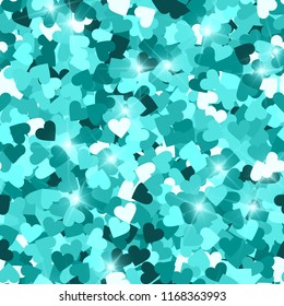 Glitter seamless texture. Actual emerald particles. Endless pattern made of sparkling hearts. Likable abstract vector illustration.