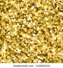 Glitter seamless texture. Actual gold particles. Endless pattern made of sparkling hearts. Memorable abstract vector illustration.