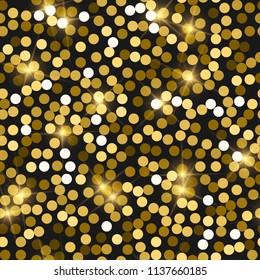 Glitter seamless texture. Actual gold particles. Endless pattern made of sparkling circles. Bizarre abstract vector illustration.
