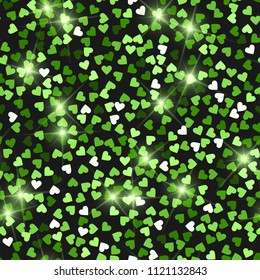 Glitter seamless texture. Actual green particles. Endless pattern made of sparkling hearts. Neat abstract vector illustration.