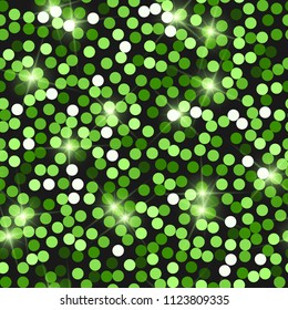 Glitter seamless texture. Actual green particles. Endless pattern made of sparkling circles. Classic abstract vector illustration.