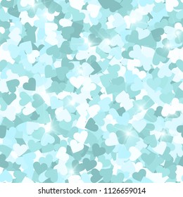 Glitter seamless texture. Actual mint particles. Endless pattern made of sparkling hearts. Perfect abstract vector illustration.