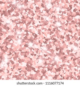 Glitter seamless texture. Actual pink particles. Endless pattern made of sparkling hearts. Precious abstract vector illustration.