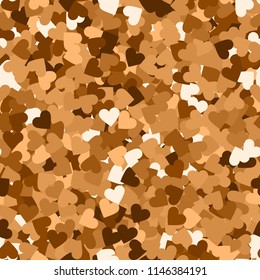 Glitter seamless texture. Actual red gold particles. Endless pattern made of sparkling hearts. Superb abstract vector illustration.