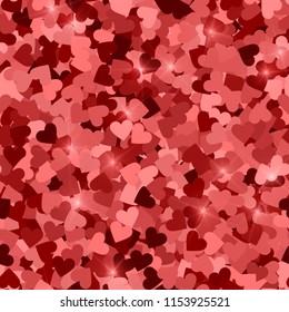 Glitter seamless texture. Actual red particles. Endless pattern made of sparkling hearts. Stunning abstract vector illustration.