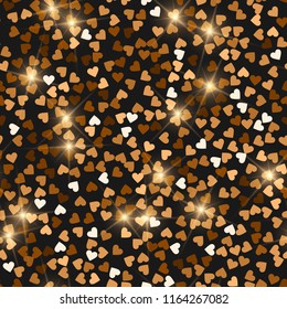 Glitter seamless texture. Actual red gold particles. Endless pattern made of sparkling hearts. Symmetrical abstract vector illustration.