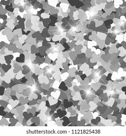 Glitter seamless texture. Actual silver particles. Endless pattern made of sparkling hearts. Unusual abstract vector illustration.