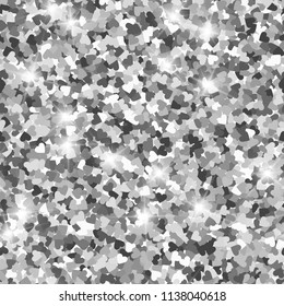 Glitter seamless texture. Actual silver particles. Endless pattern made of sparkling hearts. Valuable abstract vector illustration.