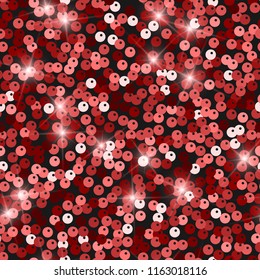 Glitter seamless texture. Admirable red particles. Endless pattern made of sparkling spangles. Radiant abstract vector illustration.