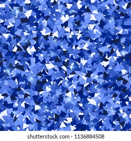 Glitter seamless texture. Adorable blue particles. Endless pattern made of sparkling triangles. Fresh abstract vector illustration.