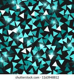 Glitter seamless texture. Adorable emerald particles. Endless pattern made of sparkling triangles. Gorgeous abstract vector illustration.