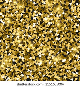 Glitter seamless texture. Adorable gold particles. Endless pattern made of sparkling triangles. Incredible abstract vector illustration.