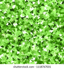 Glitter seamless texture. Adorable green particles. Endless pattern made of sparkling triangles. Magnetic abstract vector illustration.