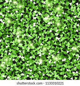 Glitter seamless texture. Adorable green particles. Endless pattern made of sparkling triangles. Lovely abstract vector illustration.
