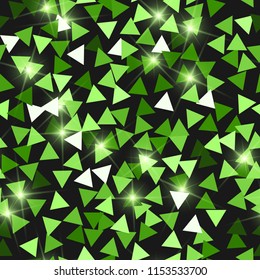 Glitter seamless texture. Adorable green particles. Endless pattern made of sparkling triangles. Likable abstract vector illustration.