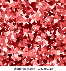 Glitter seamless texture. Adorable red particles. Endless pattern made of sparkling triangles. Rare abstract vector illustration.