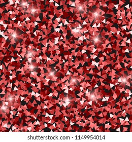 Glitter seamless texture. Adorable red particles. Endless pattern made of sparkling triangles. Pretty abstract vector illustration.