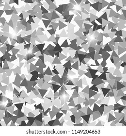 Glitter seamless texture. Adorable silver particles. Endless pattern made of sparkling triangles. Symmetrical abstract vector illustration.