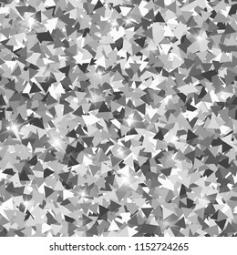 Glitter seamless texture. Adorable silver particles. Endless pattern made of sparkling triangles. Superb abstract vector illustration.