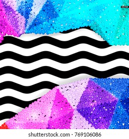 Glitter sequin border on a chevron background, holiday celebration pattern for festive cards, banners, posters.