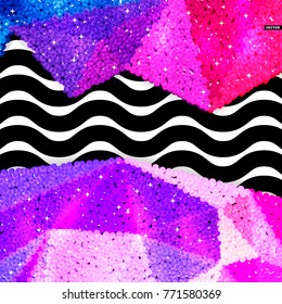 Glitter sequin border on a chevron background, holiday celebration pattern for festive cards, banners, posters.