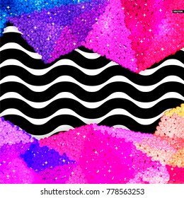 Glitter sequin border on a chevron background, holiday celebration pattern for festive cards, banners, posters.