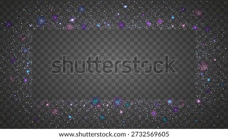 Glitter Sequins Background. Holographic Shiny Sparkles For Carnaval And Party. Falling Tinsel With Bokeh And Glint On Transparent Paper. Pink Brilliant Light.  Purple Glitter Sequins