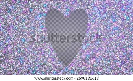 Glitter Sequins In Heart Shape. Iridescent Shiny Sparkles For Carnaval And Party. Rainbow Valentine And Wedding Background. Pink Brilliant Light.  Purple Glitter Sequins For Love Concept