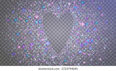 Glitter Sequins In Heart Shape. Pink Shiny Sparkles For Carnaval And Party. Iridescent Valentine And Wedding Background. Neon Brilliant Light.  Purple Glitter Sequins For Love Concept