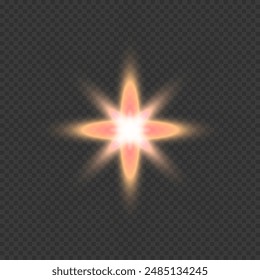 Glitter shining star, glowing spark. Orange lighting effect. Flash. Light ray. Lens flares