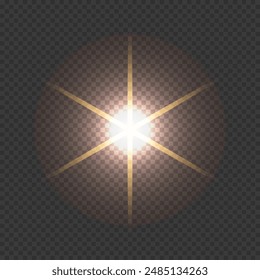 Glitter shining star, glowing spark. Yellow lighting effect. Flash. Light ray. Lens flares