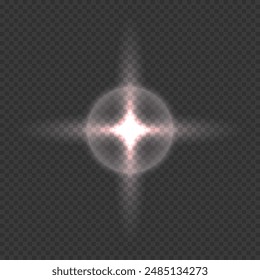 Glitter shining star, glowing spark. White pink lighting effect. Flash. Light ray. Lens flares