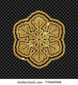 Glitter shiny snowflake made with gold dust on transparent background. Vector decorative element.