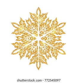 Glitter shiny snowflake made with gold dust isolated on white  background. Vector decorative element.