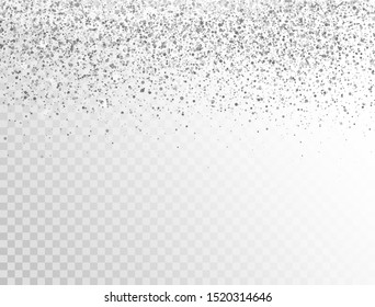 Glitter silver border with space for text. Luxury glitter decoration. Silver sparkles and dust on transparent background. Bright design for Christmas, Birthday, Wedding. Vector illustration.