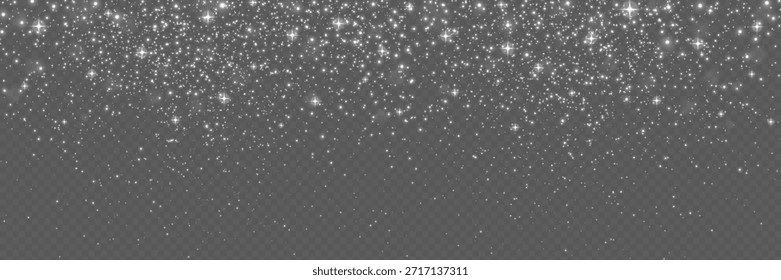 Glitter silver falling. Bright dust sparkles on transparent background. Magic bright stars and bokeh. Luxury design for advertisement or holiday poster. Shiny silver particles. Vector illustration.