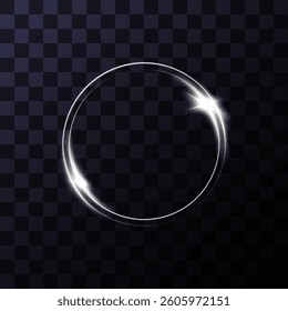 Glitter silver neon circle frame shine flash light star shimmer vector on black background.