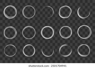 Glitter silver neon circle ring frame sparkle flash light star shimmer vector on black background, shiny glowing metal white grey round line planet curve, futuristic web poster card print template.