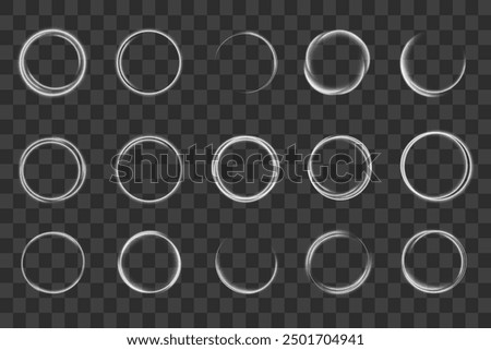 Glitter silver neon circle ring frame sparkle flash light star shimmer vector on black background, shiny glowing metal white grey round line planet curve, futuristic web poster card print template.