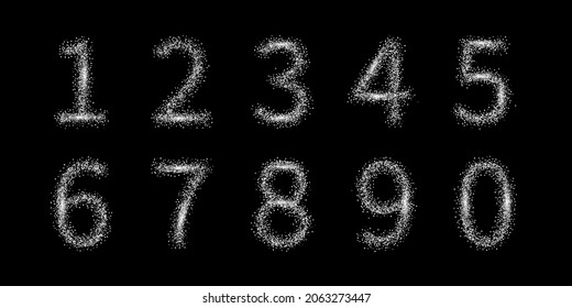 Glitter silver numbers set vector illustration. Glamour shiny decoration design from confetti, glossy 1 2 3 4 5 6 7 8 9 0 digit figures with glitz and glow of sparkles shine on black background