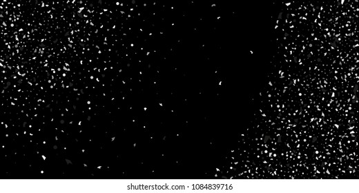 A glitter of silver particles of confetti on a black background. Illustration of randomly falling shiny particles. Decorative element. Luxury background for your design, cards, invitations, gift, vip.