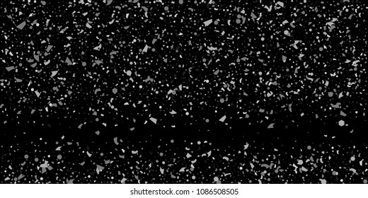 A glitter of silver particles of confetti on a black background. Illustration of randomly falling shiny particles. Decorative element. Luxury background for your design, cards, invitations, gift, vip.