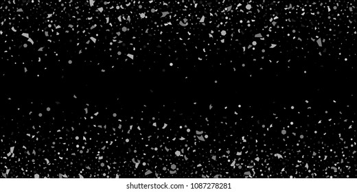 A glitter of silver particles of confetti on a black background. Illustration of randomly falling shiny particles. Decorative element. Luxury background for your design, cards, invitations, gift, vip.