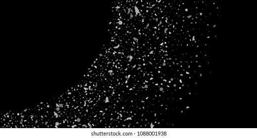 A glitter of silver particles of confetti on a black background. Illustration of randomly falling shiny particles. Decorative element. Luxury background for your design, cards, invitations, gift, vip.