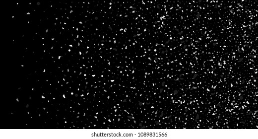 A glitter of silver particles of confetti on a black background. Illustration of randomly falling shiny particles. Decorative element. Luxury background for your design, cards, invitations, gift, vip.