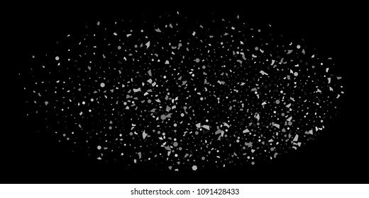 A glitter of silver particles of confetti on a black background. Illustration of randomly falling shiny particles. Decorative element. Luxury background for your design, cards, invitations, gift, vip.