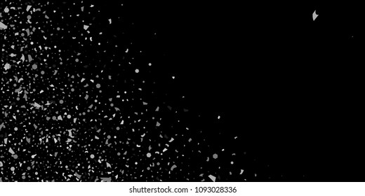 A glitter of silver particles of confetti on a black background. Illustration of randomly falling shiny particles. Decorative element. Luxury background for your design, cards, invitations, gift, vip.